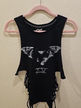 Women's Black Graphic Bat Fringe Tank Top